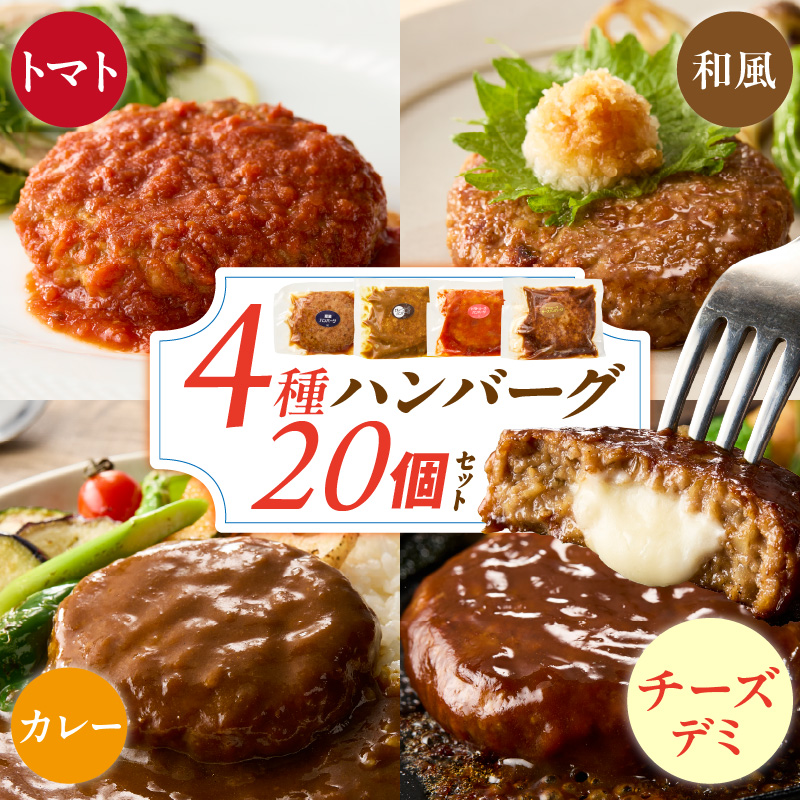 【2026年1月お届け】ハンバーグ食べ比べ20個セット _ ハンバーグ 4種 20個 チーズデミ 和風 トマトソース カレーソース 各5個 冷凍 温めるだけ 湯煎 電子レンジ 個包装 小分け 食べ比べ チーズインハンバーグ 夕食 おかず お弁当 簡単調理 時短 お取り寄せ グルメ 福岡県 久留米市 送料無料 _Ax405-m01