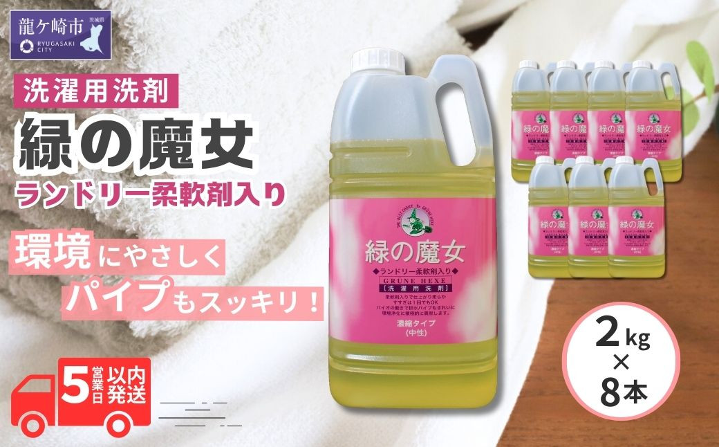 
緑の魔女ランドリー柔軟剤入り2kg×8本セット | 茨城県 龍ケ崎市 洗剤 パイプクリーナー 詰まり 臭い 匂い 排水溝 環境配慮 ランドリー 洗濯槽 手肌 優しい 汚れ 蛍光増白剤 漂白剤 不使用 赤ちゃん 安心 お中元 お歳暮 ギフト 大掃除 洗濯 液体 1215917
