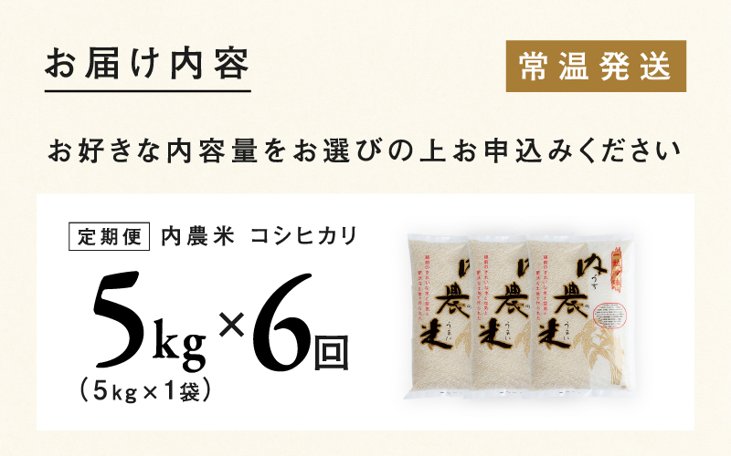 【６ヶ月連続お届け】令和6年産 内農米コシヒカリ定期便 5kg × 6回 計30kg