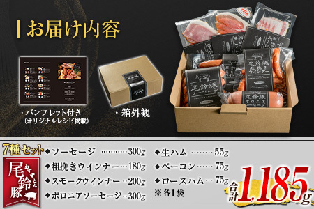 【PREMIUM PORK】 尾鈴豚 ハム ソーセージ 詰め合わせ 合計1,185g 7種 セット 宮崎県産