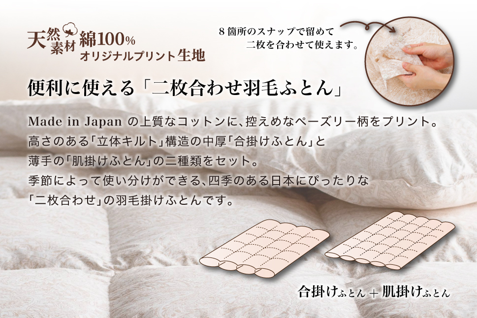 羽毛布団 セミダブル 二枚合わせ［パルミー］上質 綿100％×ハンガリーホワイトグース ダウン93％ ダウンパワー 400dp 【富士新幸 花巻工房】 【2220】