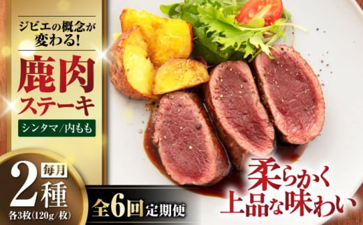 【全6回定期便】【モモ肉】 鹿肉 ステーキ2種セット（シンタマ120g×3枚・内もも120g×3枚）《喜茂別町》【EBIJIN】 ジビエ 鹿 モモ セット ステーキ 赤身 冷凍 冷凍配送 定期便 北海道 [AJAO008] 240000 240000円 24万円