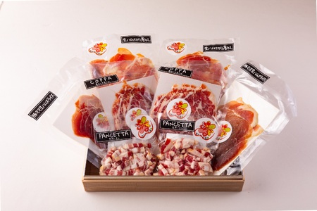 ＜国産豚バラエティー生ハムセット（4種・8p）＞（計900g） 豚肉 肉加工品 豚モモ 豚バラ 肩肉 スライス 切り落とし パンチェッタ 短冊 コッパスライス サラダ おつまみ 小分け お祝い プレゼ