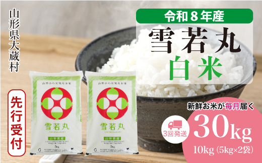 ＜令和8年産米先行受付＞ 令和9年6月下旬より発送  雪若丸【白米】30kg定期便 (10kg×3回） 山形県大蔵村