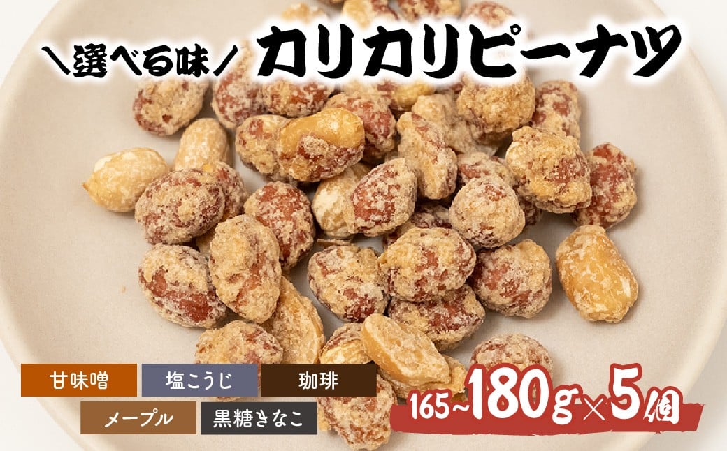 
            おつまみピーナッツ カリカリぴーなつ 選べる5種 165～180g×5個 | ピーナツ ぴーなっつ ピーナッツ ぴーなつ  おつまみ お菓子 おやつ 落花生 ピーナッツ 甘味噌 塩麹 珈琲 コーヒー メープル 黒糖きなこ 軽食 酒のつまみ 家飲み ティータイム 間食 鳩屋 埼玉県 北本市
          