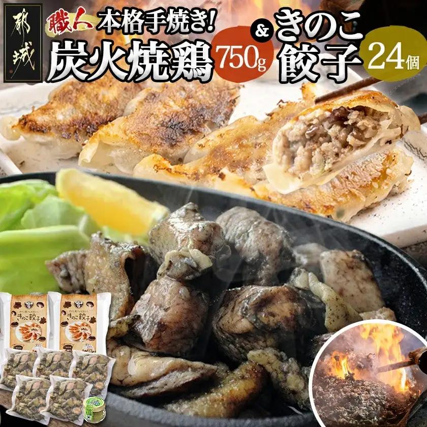 本格手焼き!炭火焼鶏(150g×5P)&きのこ餃子セット_11-1403_(都城市) 鶏肉 炭火焼き 小分け おつまみ 宮崎 餃子 きのこ 冷凍 柚子胡椒