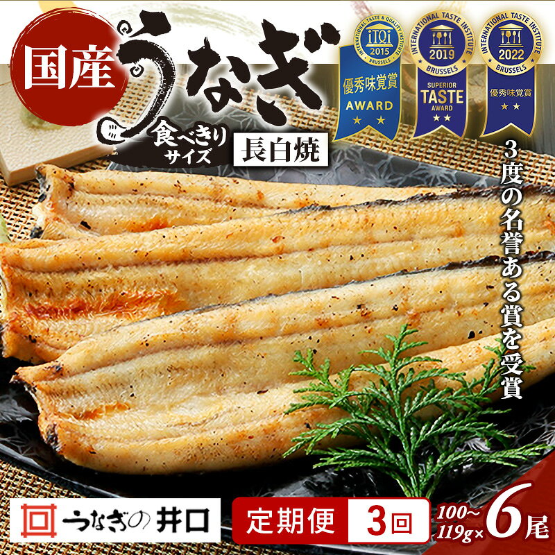 【ふるさと納税】鰻 国産うなぎ長白焼 定期便3回 100～119g 6尾セット ITI優秀味覚賞受賞 たれ 山椒 お吸物付き 国産うなぎ長白焼真空パック 浜松市 静岡県