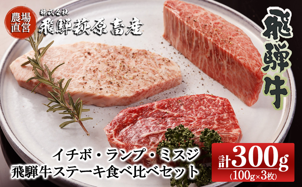 
希少部位3種を食べ比べ！飛騨牛ステーキ食べ比べセット （イチボ 100g×1枚・ランプ 100g×1枚・ミスジ 100g×1枚）最高級 国産 牛肉 ブランド牛 和牛 食べ比べ【冷凍】
