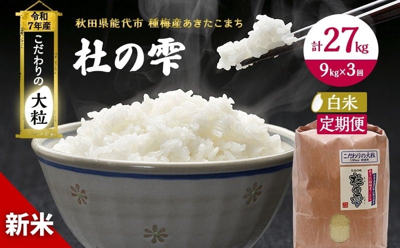 
            新米 米 お米 《定期便3ヶ月》【白米】秋田県産 あきたこまち あきた種梅産こまち 杜の雫 こだわりの大粒 9kg×3回 合計27kg 
          