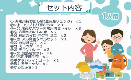 1人用  35点防災グッズ 豊岡産 イエロー　【 防災グッズ 防災用品  災害時 非常時 備え 対策 お水 防災セット トイレ 備蓄 非常用 簡易 非常食 飲料水 簡易トイレ 5年保存 長期保存 災害