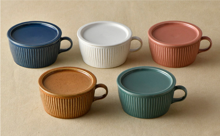 【波佐見焼】【オーブン可】ハンドル付蓋物 5色セット 小皿 スープカップ スープマグ 【舘山堂】 [RC26]