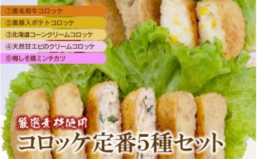 
                  厳選素材使用コロッケ定番5種セット〈黒毛和牛コロッケ・黒豚入ポテトコロッケ・コーンクリームコロッケ・甘えびのクリームコロッケ・梅しそ鶏メンチカツ〉(各5個) / 惣菜 揚げ物 コロッケ メンチカツ 冷凍 セット 食べ比べ 詰合せ【hane0003】
                