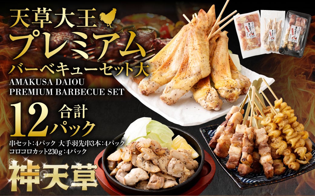 天草大王プレミアムバーベキューセット（大） 計12パック 天草大王 焼鳥 モモ ムネ 皮 手羽先  串 コロコロカット