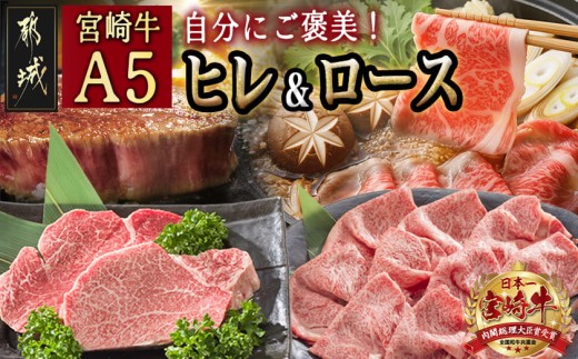 
自分にご褒美！宮崎牛(A5)ヒレ＆ロースセット_AE-0103_(都城市) 牛肉 牛ヒレステーキ ローススライス A5等級 A5ランク 真空パック ステーキソース 塩こしょう付 赤身 冷凍 精肉 ギフト 贈答用
