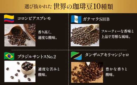 世界の 珈琲豆 10種類 飲み比べセット（豆）＆古墳珈琲ドリップバッグ1袋 株式会社ばいせん工房 珈琲倶楽部《30日以内に出荷予定(土日祝除く)》大阪府 羽曳野市 コーヒー 珈琲