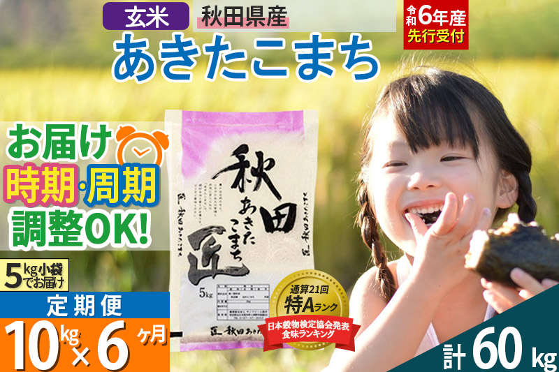 
【玄米】＜令和6年産 予約＞ 《定期便6ヶ月》秋田県産 あきたこまち 10kg (5kg×2袋)×6回 10キロ お米【選べるお届け時期】【お届け周期調整 隔月お届けも可】
