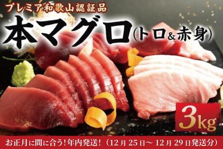 【年内発送】プレミア和歌山認証品 本マグロ（養殖）トロ＆赤身セット　3kg【年末発送（12月26日から30日発送）】