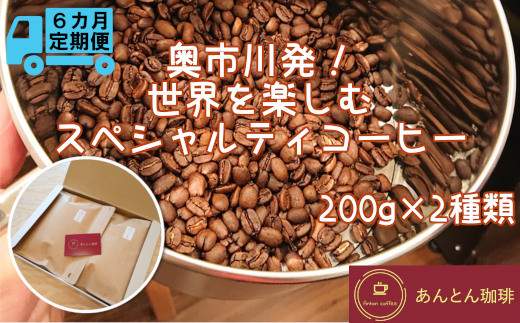 
【奥市川発！定期便6か月】　世界を楽しむ　スペシャルティコーヒー　200g×2種類＜豆・粉（中挽き）から選択＞　【12203-0182】
