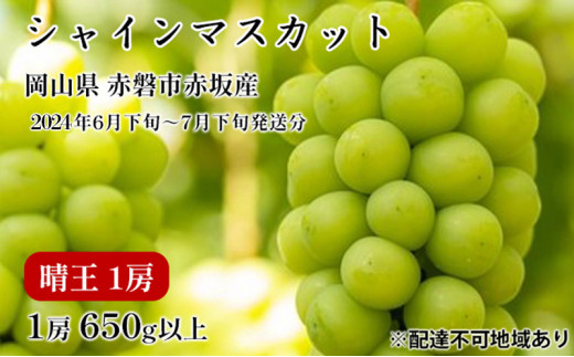 
ぶどう 2024年 先行予約 シャイン マスカット 晴王 1房 650g以上 2024年6月下旬～7月下旬発送分 ブドウ 葡萄 岡山県 赤磐市産 国産 フルーツ 果物 ギフト 赤坂青空市
