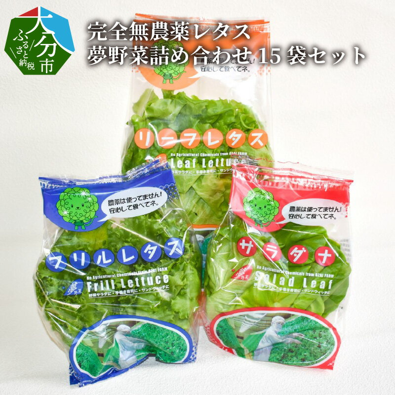 【ふるさと納税】完全無農薬レタス 夢野菜詰め合わせ15袋セット 国産 大分産 サラダ菜 リーフレタス フリルレタス 水耕栽培 安心 安全 洗浄済み 大量 まとめ買い 食物繊維 サンドウィッチ 寿司 新鮮野菜 洗わず食べられる野菜 健康 サラダ 農薬不使用 安心 九州産 F01003