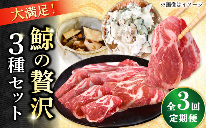 【3回定期便】　厳選！3種鯨定期便/ 煮しめ鯨120g×5パック 炙り用脂筋肉スライス（生）：400ｇ（200g×2パック）特上ゆかけ鯨（畝）：100g×3パック 小値賀町 /中島（鯨）商店  [DBM018]