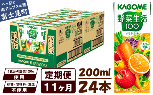 【定期便 11ヶ月】 カゴメ 野菜生活100 オリジナル 200ml 24本×11回 【 野菜ジュース 紙パック 定期便 1食分の野菜 砂糖不使用 オレンジ にんじん ニンジン 野菜生活 野菜生活オリジナル ジュース 飲料類 ドリンク 野菜ドリンク 備蓄 長期保存 防災 飲みもの かごめ kagome KAGOME 長野県 富士見町 】