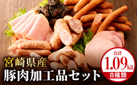 宮崎県産豚肉加工品セット（合計1.09kg 8種類） 粗挽 ウィンナー ハム 炭火焼