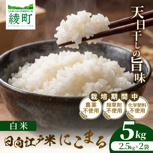 天日干しが引き出す お米の旨味 日向江戸米（にこまる）【白米】計5kg 国産米 ブランド米 農薬不使用 化学肥料不使用 無農薬 ごはん ご飯 おにぎり お弁当 冷めても美味しい もっちり食感 和食 主食 人気 おすすめ 宮崎県 綾町 送料無料_A0038-020