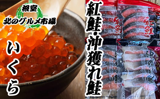 E-76003 甘塩紅鮭5切×10P、甘塩沖獲れ鮭5切×10P、いくら醤油漬け100g×5P