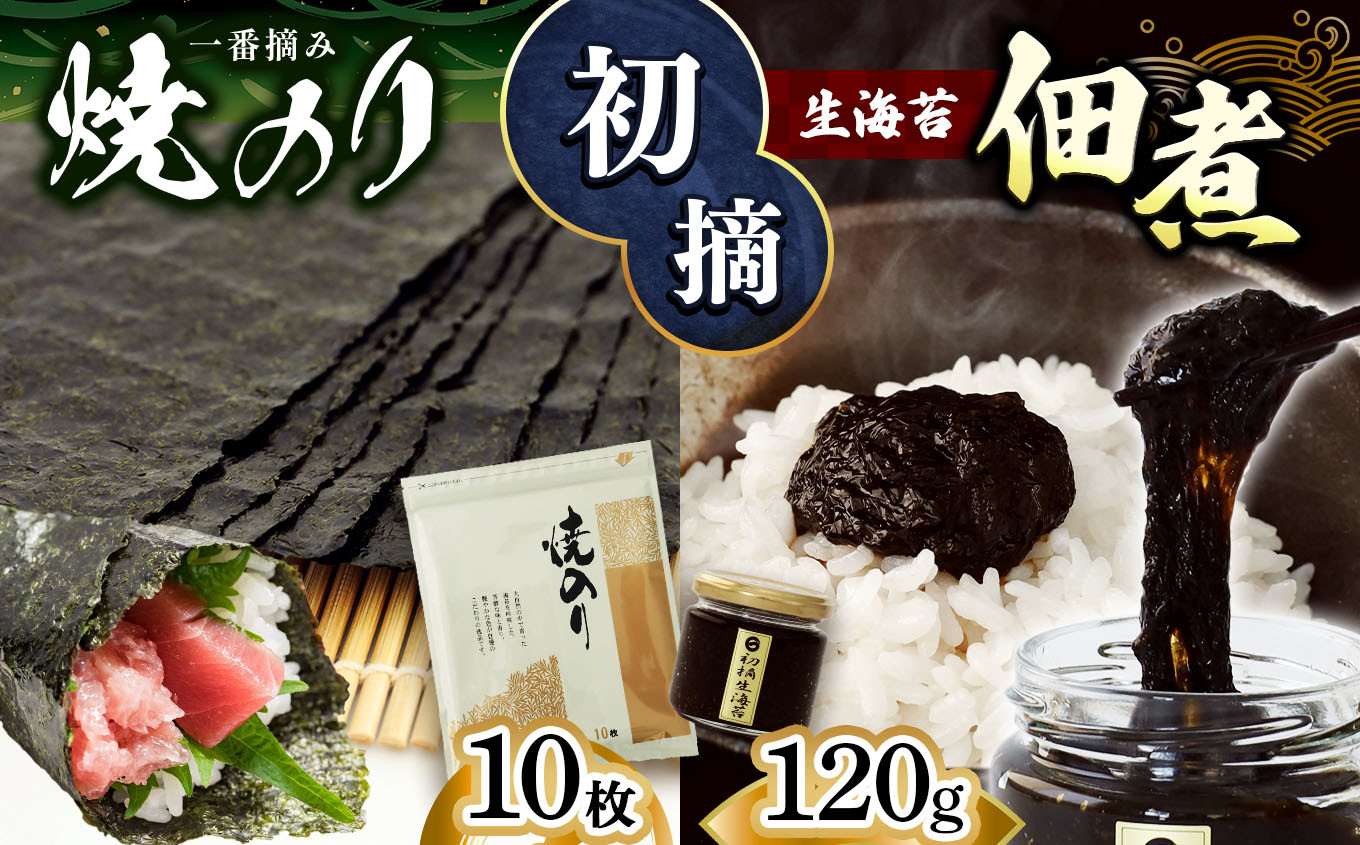 
                  初摘み 焼き海苔 10枚 と 初摘生海苔 佃煮 120g セット | 魚貝類 海産物 海の幸 海苔 のり 海苔の佃煮 焼海苔 熊本県 玉名市
                