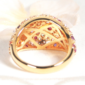指輪 リング K18YG イエローゴールド ダイヤモンド 0.3ct パヴェ マルチカラー 赤系 レディース ゴージャス ボリューム 幅広 18金 贅沢 Pave ステンドグラス ジュエリー 【f29