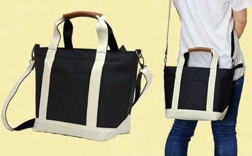 ワックス ショルダートートバッグ 帆布 本革持手 2way バッグ ブラック×クリーム WZ003-2
