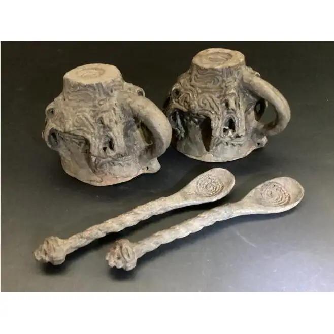 縄文・火焔型土器のコーヒーカップ・マグカップ+縄文スプーン　2個セット　7.5cm×174ｇ 手作り 工芸品 食器 新潟市