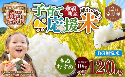 【12回定期便】 子育て応援米  奈義町産米 BG無洗米 きぬむすめ10kg 【窒素充填包装】 【お申込み完了月の翌月から順次発送】  米 お米 白米 ご飯 単一精米 無洗米 国産 定期便 岡山県 奈義町