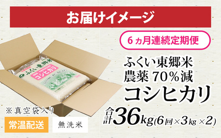 【先行予約】【定期便6ヶ月連続】【無洗米】令和7年産 ふくい東郷米 特別栽培米 農薬70％減 コシヒカリ 6kg(3kg×2袋)×6ヶ月 合計36kg [H-020013_04]