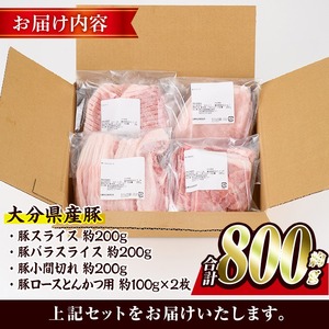 ＜お試し用＞ 豚肉バラエティーパック (合計800g ・4種) 豚 ぶた 豚バラ とんかつ ロース 豚こま こま切れ スライス 豚しゃぶ しゃぶしゃぶ 小分け 個包装 セット 詰め合わせ 冷凍【BD2