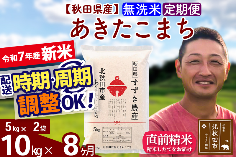 ※令和7年産 新米※《定期便8ヶ月》秋田県産 あきたこまち 10kg【無洗米】(5kg小分け袋) 2025年産 お届け時期選べる お届け周期調整可能 隔月に調整OK お米 すずき農産