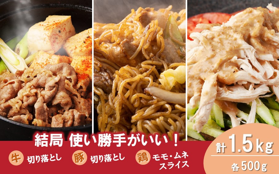 
            毎日の献立に！おおいたの牛・豚・鶏の各500gセット（計1.5kg） 切り落とし 切落し スライス_2573R
          
