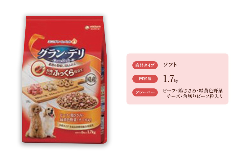 
グラン・デリ ふっくら仕立て ビーフ・鶏ささみ・緑黄色野菜・チーズ・角切りビーフ粒入り 1.7kg×4袋 [№5275-0455]
