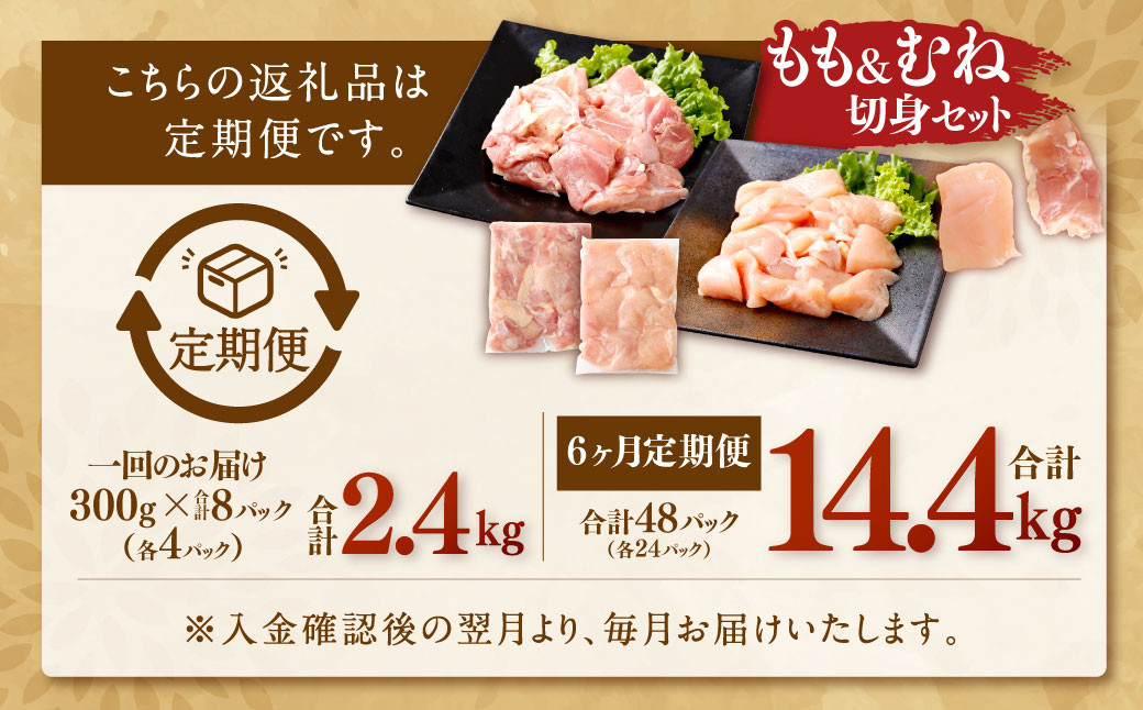【6回定期便】鹿児島県産銘柄鶏・さつま純然鶏 若鶏もも・むね切身（300g×各4パック×6回 合計14.4kg）