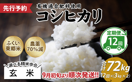 【玄米】【定期便12ヶ月連続】令和6年産 新米 ふくい東郷米 特別栽培米 農薬70％減 コシヒカリ 6kg(3kg×2袋)×12ヶ月 合計72kg[O-020025_02]