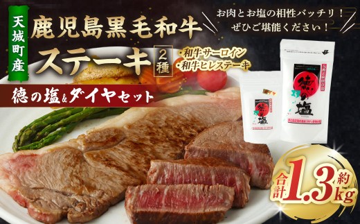 鹿児島 黒毛和牛 ステーキ 2種 セット （合計約1.3kg） 徳の塩・ダイヤ セット 計約230g 総計約1.53kg 【セット】 天城町産 鹿児島育ち 黒毛和牛 サーロインステーキ ヒレステーキ 国産 鹿児島県 天城町