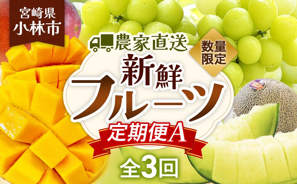 
                  【定期便】数量限定/契約農家直送の新鮮フルーツ定期便A（タカミメロン5キロ、完熟マンゴー大玉2玉、大房マスカサーティン） ※40セット限定 メロン マンゴー シャインマスカット マスカサーティン フルーツ 果物 完熟 宮崎県小林市
                