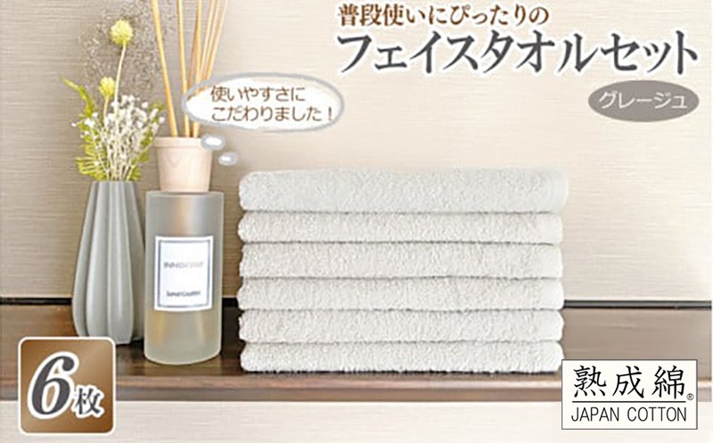 
            普段使いにぴったりのフェイスタオル 6枚セット グレージュ 泉州タオル【泉州タオル 国産 吸水 普段使い 無地 シンプル 日用品 家族 ファミリー】
          
