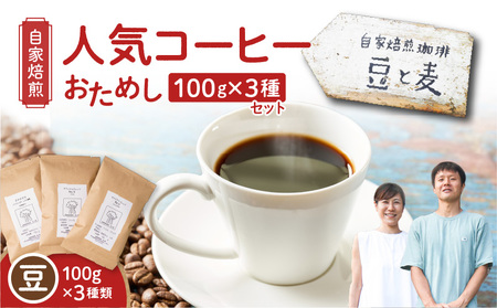 【自家焙煎】豆と麦の人気コーヒー（豆）お試し 100g×3種類セット A017-016-01 コーヒー 珈琲 ブレンドコーヒー 中深煎り 深煎り 飲料 モカ フルーティー 自家栽培珈琲 自家栽培 コク