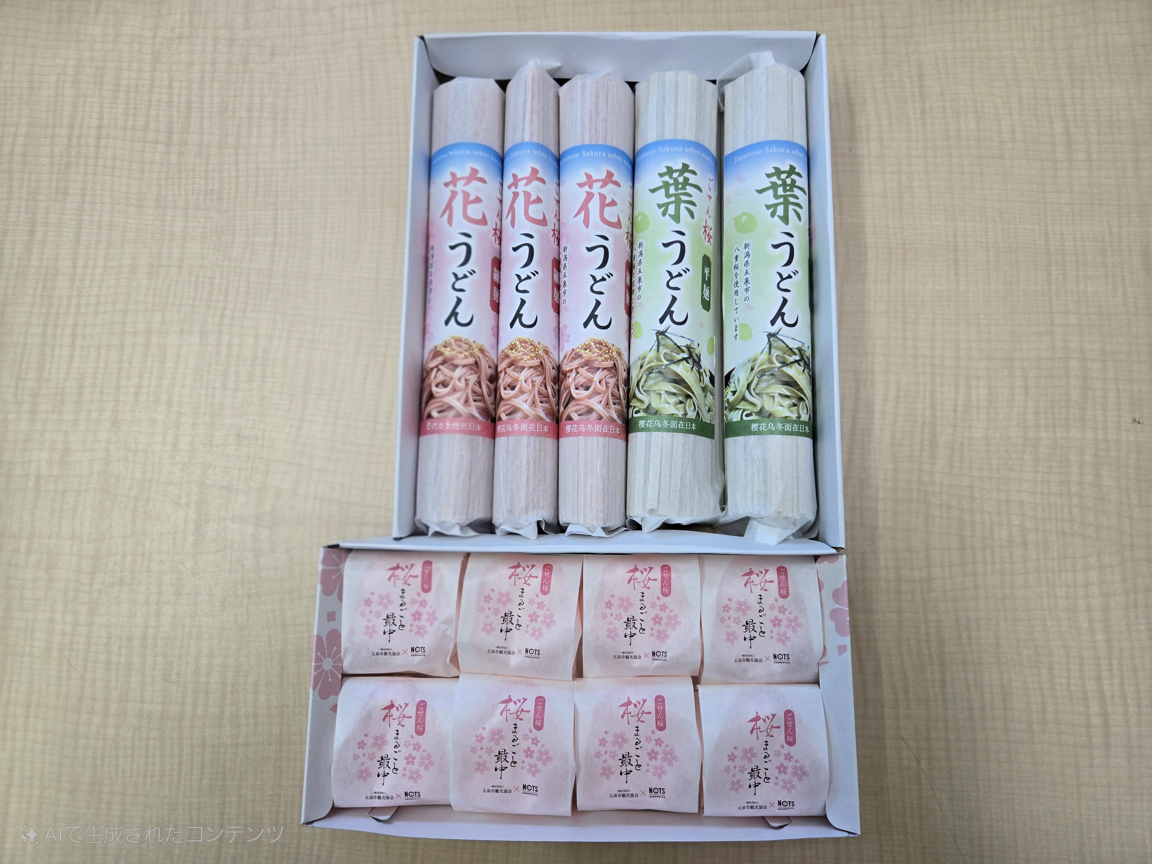 
            うどんと最中セット ( ごせん桜うどん 花3把 葉2把・桜まるごと最中8個 ) | お取り寄せ グルメ 食品 プレゼント ギフト 新潟県 五泉市 一般社団法人 五泉市観光協会
          