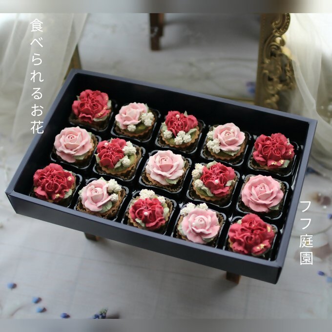DC-007_ あんフラワークッキー（赤カーネーションとピンクバラ）15個入り フラワータルト　食べられるお花！あんこのお花！【風呂敷ラッピング】和菓子