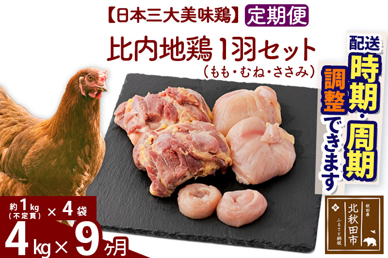 
            《定期便9ヶ月》 比内地鶏 1羽セット（もも・むね・ささみ） 約4kg（約1kg（不定貫）×4袋）×9回 計36kg 時期選べる お届け周期調整可能 9か月 9ヵ月 9カ月 9ケ月 36キロ 国産 冷凍 正肉 鶏肉 鳥肉
          