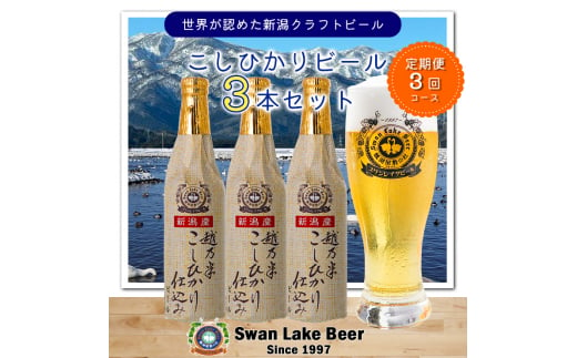 【スワンレイクビール】 3ヶ月定期便 こしひかり仕込みビール3本セット クラフトビール 地ビール 金賞 世界一 新潟 ブルワリー 贈答 ギフト クール便 1S13022