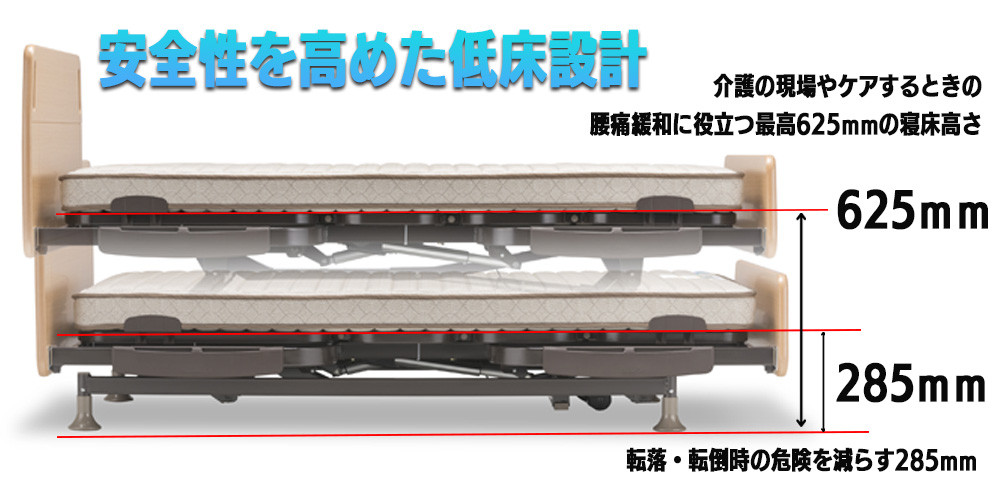 床板面285～625mmにより、介護する方の作業を妨ぎません。